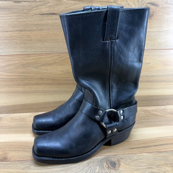 FRYE Harness Biker Boots Womens 8.5 M Black Leather Square Toe - Picture 2 of 12